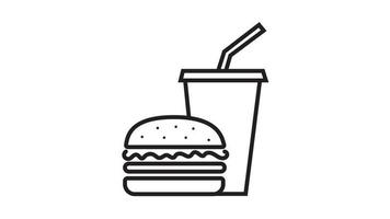 Ilustración de vector de contorno de taza de hamburguesa y refresco sobre fondo blanco. icono de comida rápida.