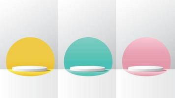 Set of white realistic 3D cylinder podium with pastel yellow, green, and pink in semi-circle backdrop vector background.