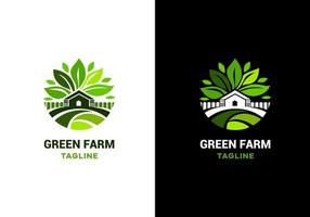 Logo for the farm, round shape, green color. Nature and leaves, rustic landscape vector