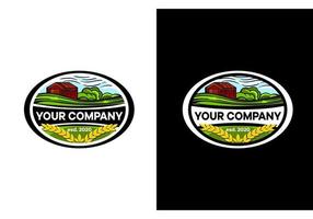 logo for a village farm, oval shape with the image of a farm and fields vector