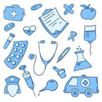 Hand drawn collection of daily necessities. Medical and health care items. Vector illustration. Health and Care. Design for clinics, hospitals, pharmacies, medical poster.