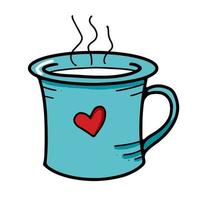 Cute blue mug with drawn heart and hot drink. vector