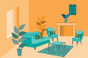 ilustración de una sala de estar con colores degradados de naranja y azul