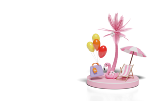 chaise de plage 3d, ballon, flamant rose, palmier, sacs en papier commercial, parapluie, podium de scène isolé. achats en ligne concept de vente à prix réduits d'été, illustration de rendu 3d