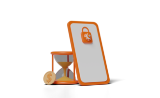 3d orange mobil telefon, smartphone ikon med pengar dollar mynt, timglas, hänglås, nyckel isolerat. skärm telefon mall, tömma mobiltelefon attrapp begrepp, 3d framställa png
