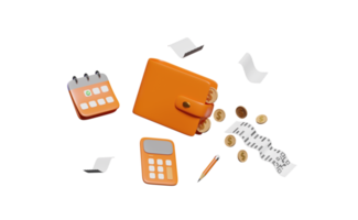 3D carteira laranja flutua com calculadora, calendário, papel de recibo de conta, moedas de dólar, lápis isolado. fatura, fatura eletrônica, conceito mínimo, ilustração de renderização 3d png