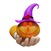 3d hand holding pumpkin holiday party with candle light in pumpkin, purple witch pointed hat isolated. minimal for happy halloween, 3d render illustration png