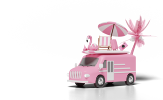 Viagem de verão 3d com cadeira de praia, flamingo, bola, coqueiro, prancha de surf, guarda-chuva, van de carro, câmera isolada. conceito, ilustração de renderização 3d png