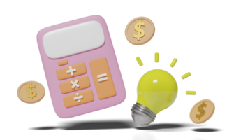 3d pink calculator icon with money dollar coin for accounting finance, yellow light bulb isolated. screen template minimal, saving money, idea tip concept, 3d render illustration png