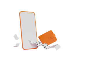 3D-Brieftasche und orangefarbenes Mobiltelefon, Smartphone mit Rechnung, Papierquittung, elektronische Rechnungszahlung isoliert. geld sparen, monatliche rechnung, bildschirmtelefonvorlagenkonzept, 3d-rendering png