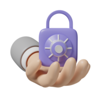 3d businessman hand holding padlock, key icon with password insecure isolated. security data protection, minimal concept, 3d render illustration png