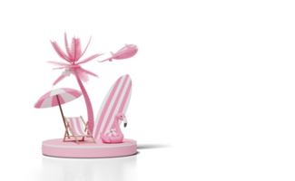 Viagem de verão 3d com pódio de palco, cadeira de praia, flamingo, bola, coqueiro, avião, prancha de surf, guarda-chuva isolado. conceito, ilustração de renderização 3d png