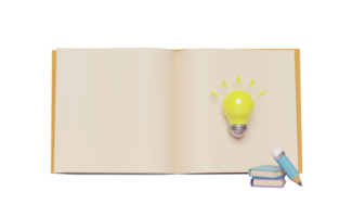 3D gelbe Glühbirne mit Bleistift, offenes Buch, Lehrbuch, isoliert. ideentipp bildung, wissen schafft ideenkonzept, minimal abstrakt, 3d-renderillustration