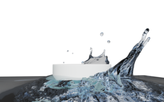 3d abstract, water splash transparent with white stage podium empty, geometric cosmetic showcase pedestal isolated. minimal modern scene, mockup template,  3d render illustration png