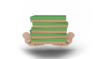 3d mano sosteniendo flotador de pila de caja de pizza verde aislado. concepto de servicio de entrega de alimentos exprés, ilustración de renderizado 3d png