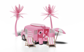 Camioneta 3d con silla de playa, flamingo, pelota, palmera de coco, tabla de surf, paraguas, cámara aislada. concepto de viaje de verano, ilustración de presentación 3d png