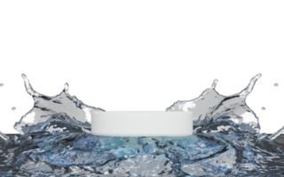 Éclaboussure d'eau 3d transparente, abstraite avec podium de scène blanc vide, piédestal de vitrine cosmétique géométrique isolé. scène moderne minimale, modèle de maquette, illustration de rendu 3d png