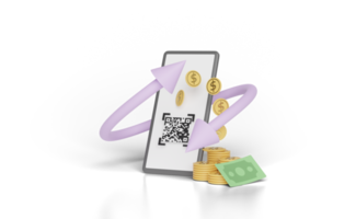 3D-Handy, Smartphone mit Geldschein, Münze, QR-Code isoliert. transferpfeile, cashback, geldspargeschäft, cashback-geldrückerstattungskonzept, 3d-rendering png