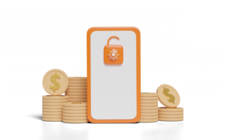 Telefone móvel 3D laranja, ícone do smartphone com cadeado desbloqueado, pilha de moedas de dólar de dinheiro isolada. modelo de telefone de tela, conceito de maquete de celular vazio, renderização 3d