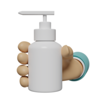 lotion cosmétique 3d, mousse, bouteille de savon liquide, main tenant le style de pompe à gel isolé. contenant de désinfectant pour les mains, concept de modèle de maquette, illustration de rendu 3d png