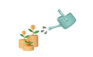 3d green watering can with money dollar coins stack plant isolated. financial success and growth or saving money concept, 3d render illustration png