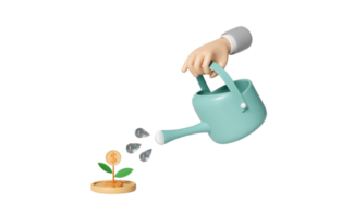 3d businessman hands holding watering can with money dollar coins stack plant isolated. financial success, growth, saving money concept, 3d render illustration png