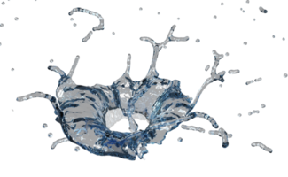 Agua azul clara 3d esparcida alrededor, salpicaduras de agua transparentes, aisladas. ilustración de procesamiento 3d png