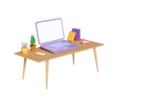 3d desk in office with laptop computer on table, textbook, book, coffee cup, plane isolated. 3d render illustration png