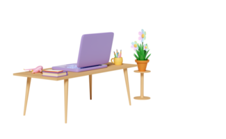 3D-Laptop-Computer auf dem Tisch mit Schreibtisch im Büro, Kaffeetasse, Flugzeug, Lehrbuch, Buch, Blumentopf isoliert. 3D-Darstellung