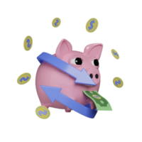 3d piggy bank float with dollar banknote, coin money isolated. transfer blue arrows, cashback, saving money wealth business concept, 3d render illustration png