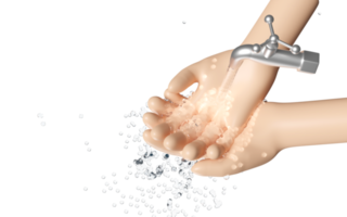 3D lavando as duas mãos sob a torneira de água mãos isoladas segurando uma gota de água limpa, economize água, dia mundial da água, lave as mãos conceito limpo, ilustração de renderização 3d png