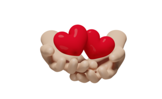 3D desenhos animados duas mãos segurando o coração vermelho isolado. amor de saúde ou conceito de dia mundial do coração, ilustração de renderização 3d