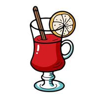 Glass goblet with mulled wine, cinnamon stick and orange. vector