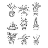 Set vector illustration of a flower in a pot and sketch hand drawn on a white background