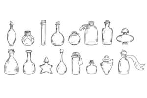 Isolated vector set of empty bottles. Collection of glass flasks. Set of vector line art flasks, bottles, jars