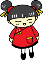 niña china dibujada a mano con ilustración de moño de pelo sobre fondo transparente png