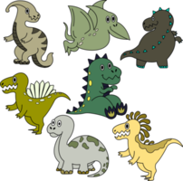 dinosauri e preistorico creature. un' collezione di il cartone animato- e in stile scarabocchio vettore illustrazioni png
