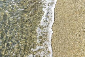 A pattern of waves crashes onto a rocky beach. View from above. Background, photo