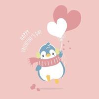 lindo y encantador pingüino dibujado a mano sosteniendo un globo de corazón, feliz día de San Valentín, concepto de amor, diseño de vestuario de personaje de dibujos animados de ilustración vectorial plana vector