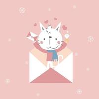 lindo y encantador gato dibujado a mano sosteniendo una carta de amor y un anillo de diamantes, feliz día de San Valentín, concepto de amor, diseño de vestuario de personaje de dibujos animados de ilustración vectorial plana vector