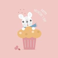 pug de bulldog francés dibujado a mano lindo y encantador con cupcake, concepto de amor, feliz día de San Valentín, cumpleaños, diseño de personaje de dibujos animados de ilustración de vector plano aislado