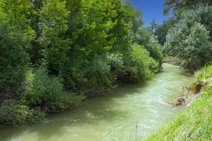 Landscape, narrow mountain river with emerald water surrounded by trees. photo