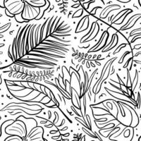 Tropical background with jungle plants. Vector seamless pattern with exotic leaves and flowers. Rainforest. Exotic hawaiian jungle, summertime style. Monochrome illustration.