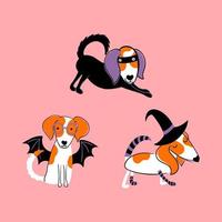 Cute vector characters. Halloween party. Puppies wearing masquerade costumes. Vector illustration for invitation, fabric, kids clothes