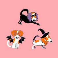 lindos personajes vectoriales. fiesta de Halloween. cachorros con disfraces de disfraces. ilustración vectorial para invitación, tela, ropa para niños vector