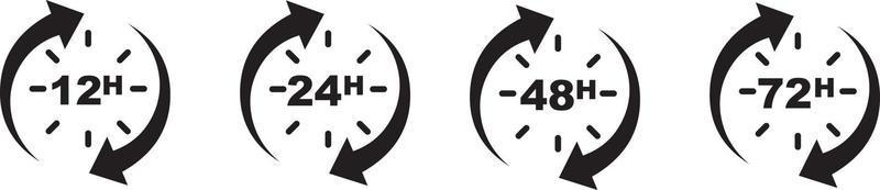 Hours clocks with arrow. 12, 24, 48, 72 work time icons. Hour delivery and service. Vector