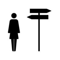 Icon of a woman standing at a crossroads with directional sign arrows in opposite way. Choice, career path or decision concept. Flat Vector illustration