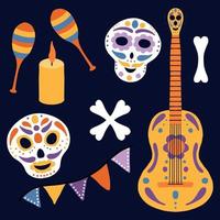 Day of the dead set. Day of the Dead in Mexico. Vector illustration. Collection of skulls, maracas, guitar, bones.