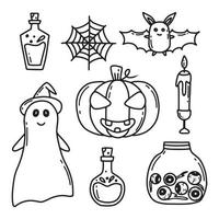 Halloween set. Doodle style. Vector illustration. Terrible collection for Halloween. Ghost, pumpkin, potion, jar with eyes.