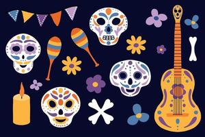 Day of the dead set. Day of the Dead in Mexico. Vector illustration. Collection of skulls, maracas, guitar, bones.